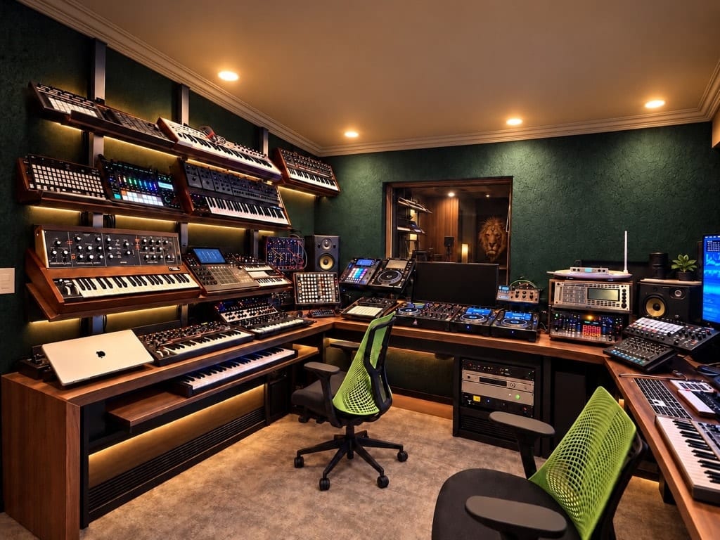 Production studio with a wall of synthesizers, drum machines and DJ decks